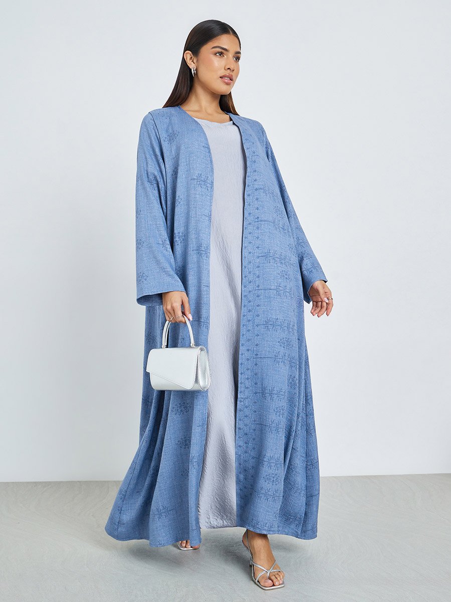 Blue Front Open Border Print Abaya