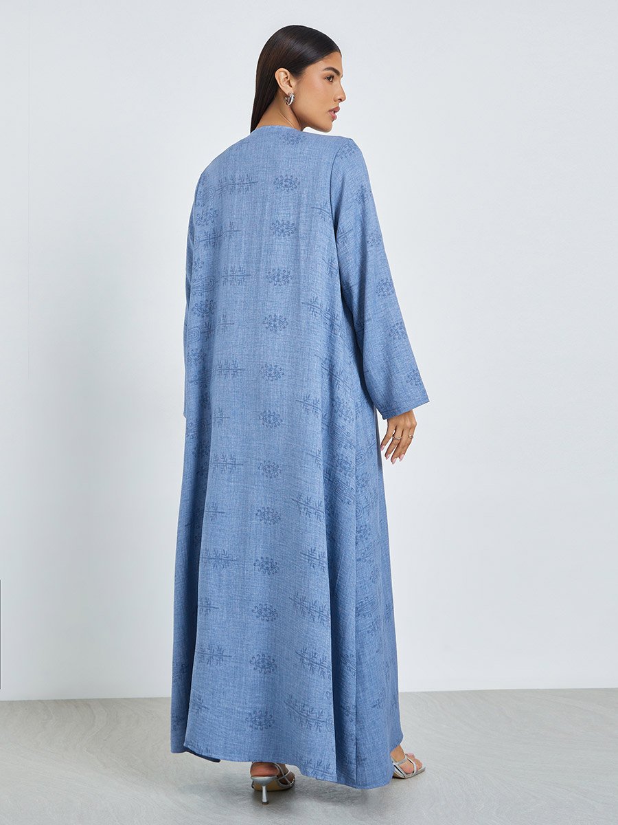 Blue Front Open Border Print Abaya