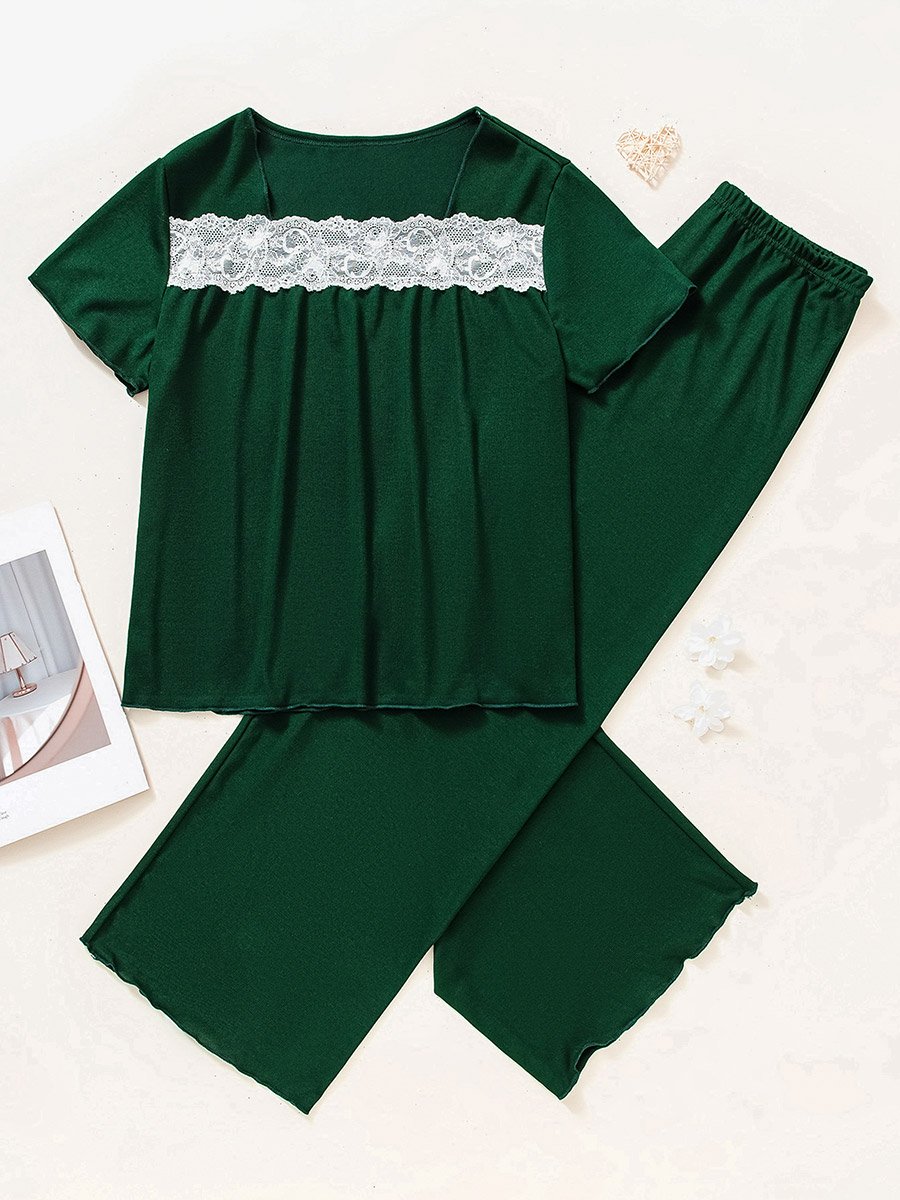 Green Lace Insert Short Sleeve Top and Pyjama Set