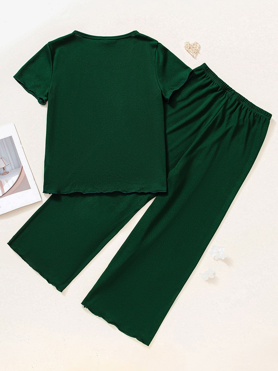 Green Lace Insert Short Sleeve Top and Pyjama Set
