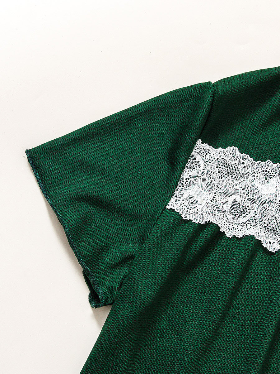Green Lace Insert Short Sleeve Top and Pyjama Set