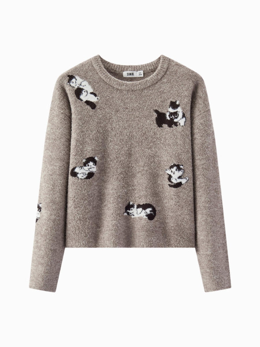 Women Knitted Sweater with Cat Pattern