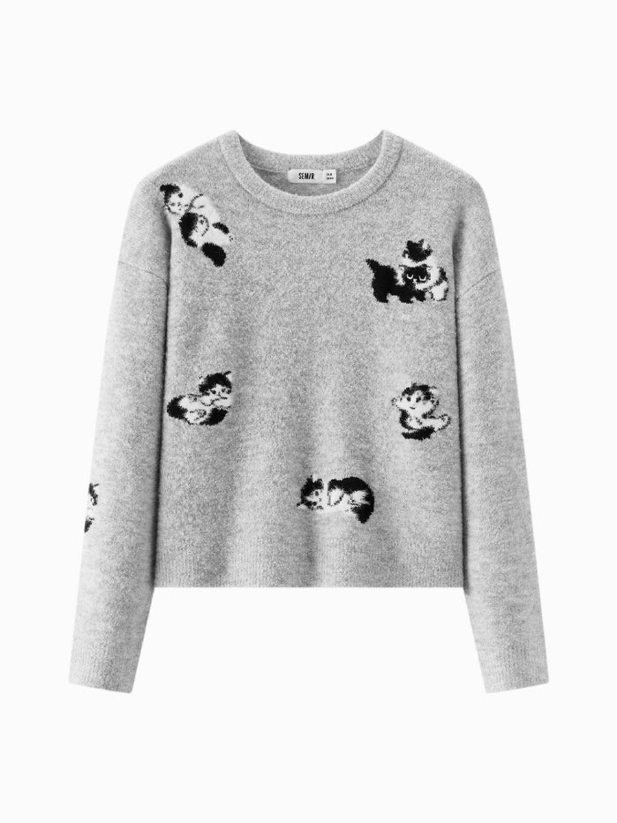 Women Knitted Sweater with Cat Pattern