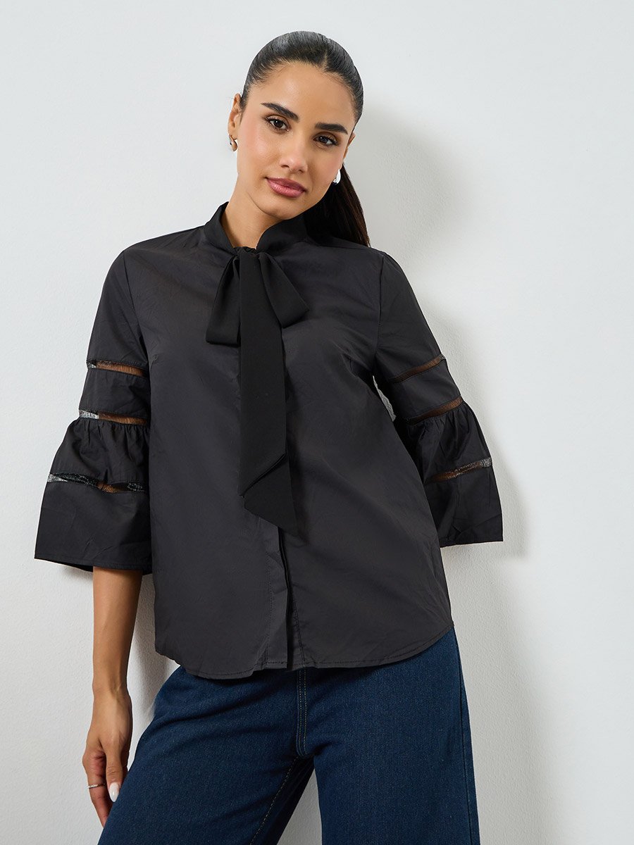 Black Tie-Up Neck Blouse with 3/4 Sleeves