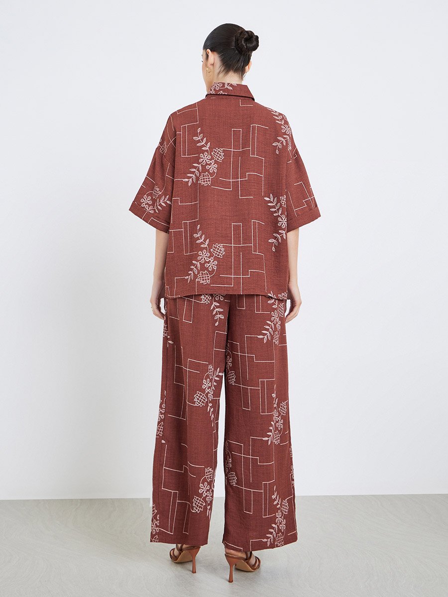 Rust Floral Print Open Collar Top and Pants Modest Set