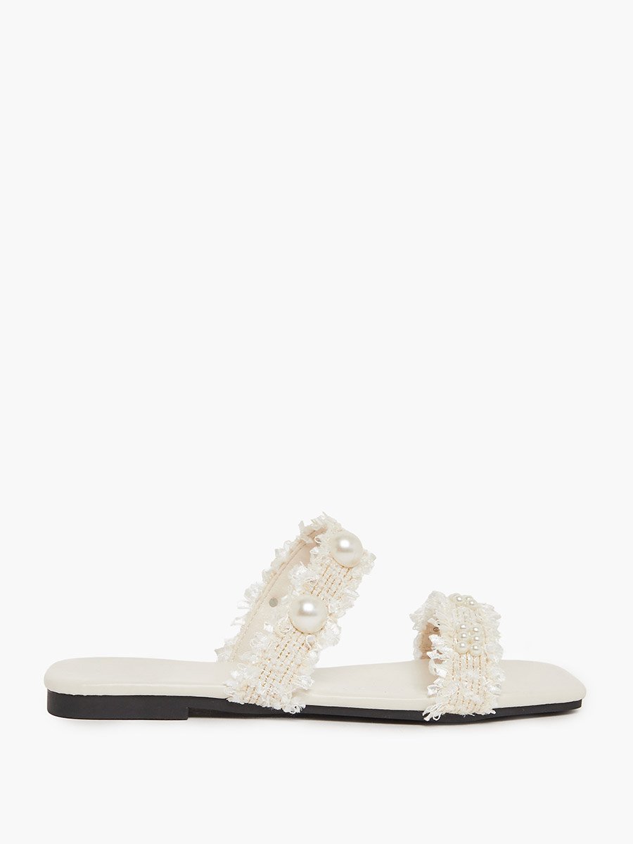 Beige Pearl Embellished Slides