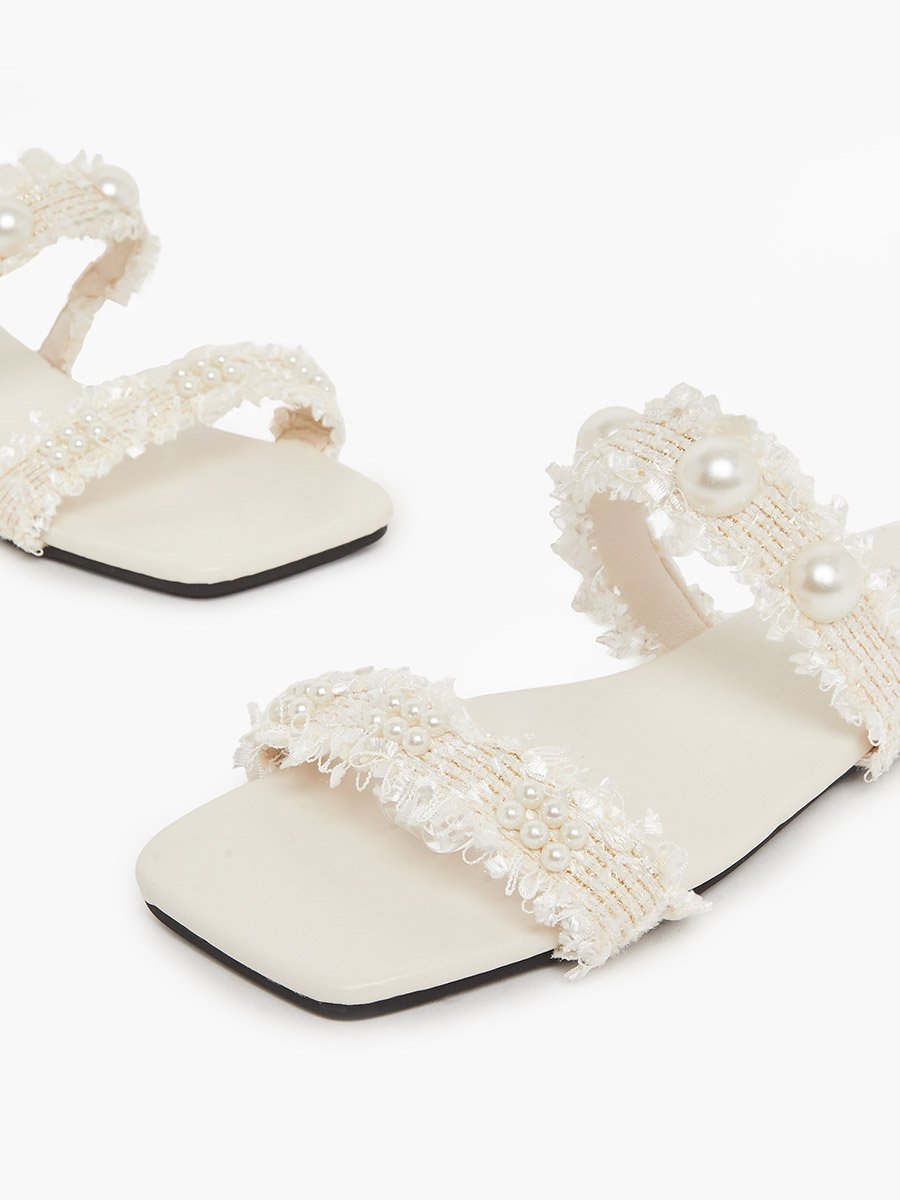 Beige Pearl Embellished Slides