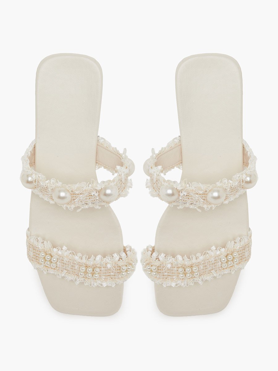 Beige Pearl Embellished Slides