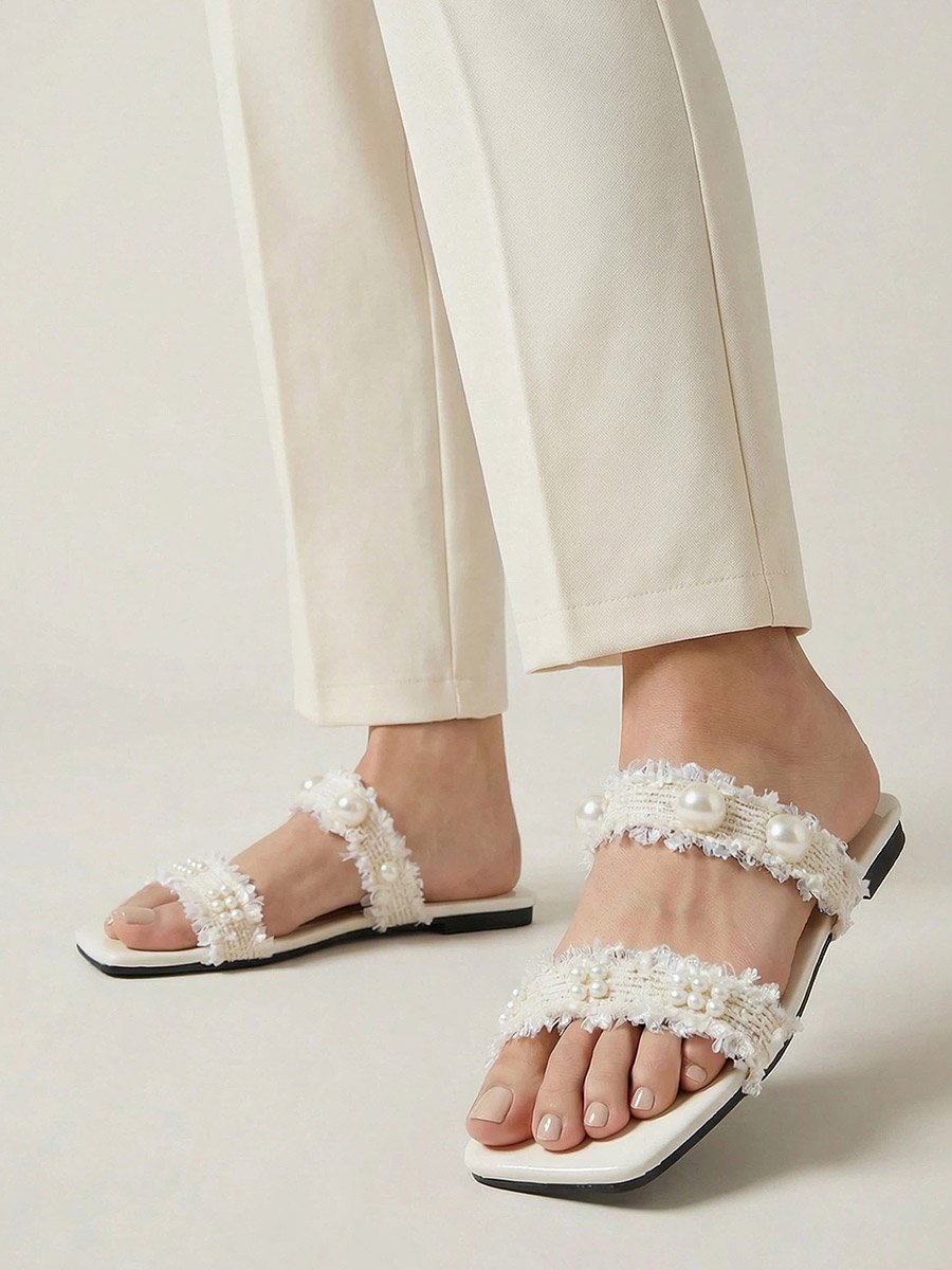 Beige Pearl Embellished Slides