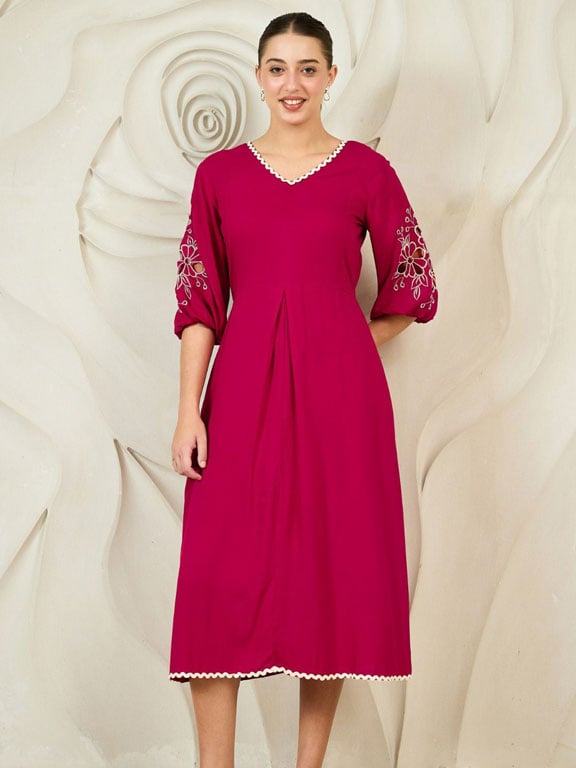 Magenta Embroidered Sleeve Midi Dress