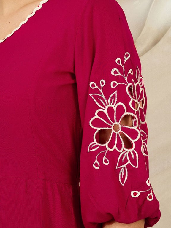 Magenta Embroidered Sleeve Midi Dress