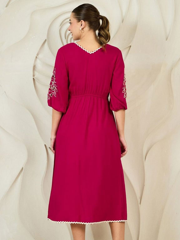 Magenta Embroidered Sleeve Midi Dress