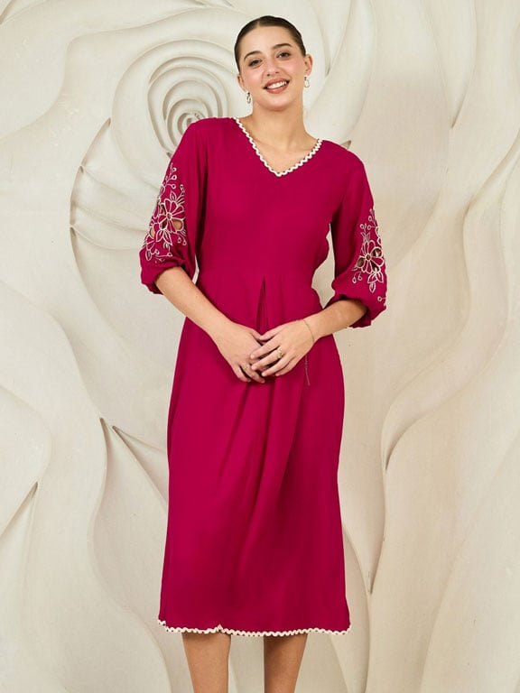 Magenta Embroidered Sleeve Midi Dress