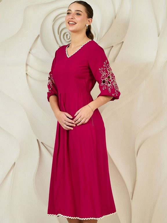Magenta Embroidered Sleeve Midi Dress