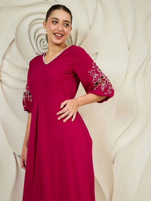 Magenta Embroidered Sleeve Midi Dress