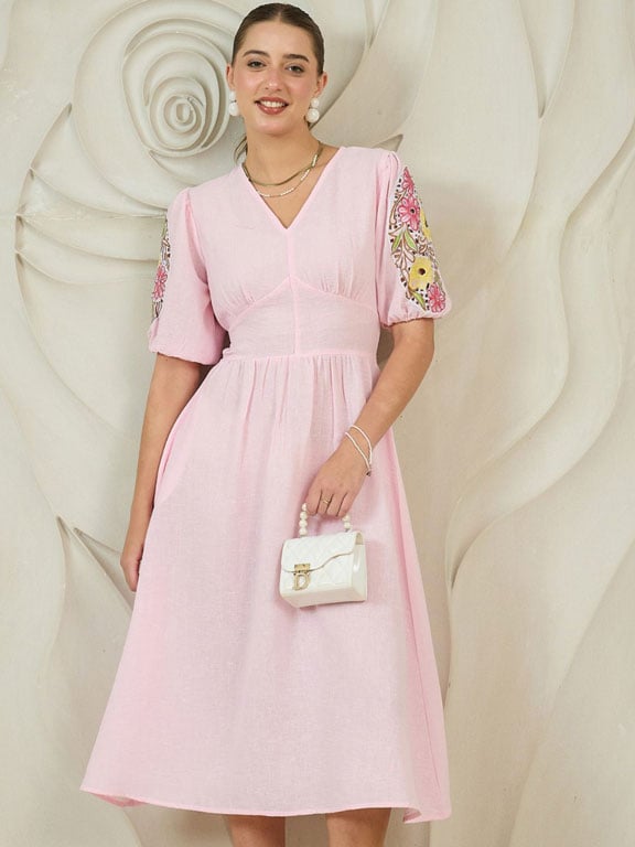 Pink Embroidered Puff Sleeve Cotton Midi Dress