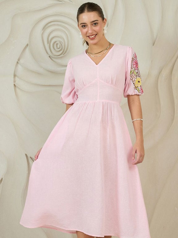 Pink Embroidered Puff Sleeve Cotton Midi Dress