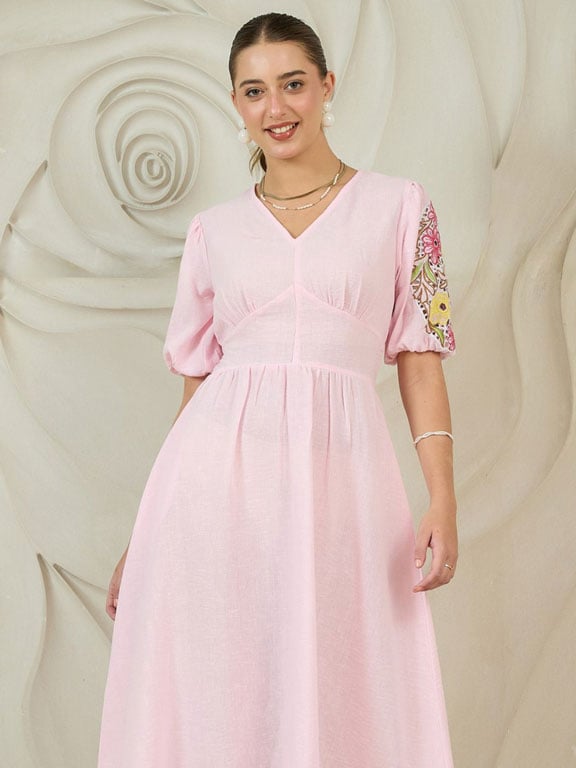 Pink Embroidered Puff Sleeve Cotton Midi Dress
