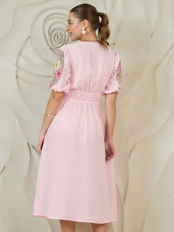 Pink Embroidered Puff Sleeve Cotton Midi Dress