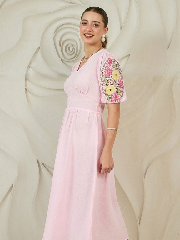 Pink Embroidered Puff Sleeve Cotton Midi Dress