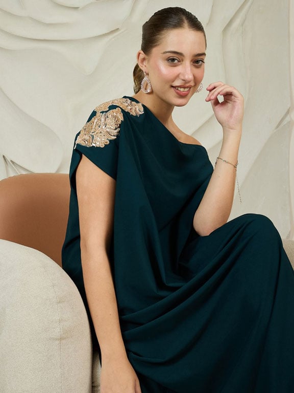 Dark Green Embroidered Sequin Kaftan Maxi Dress For Women at Kuwait | Styli