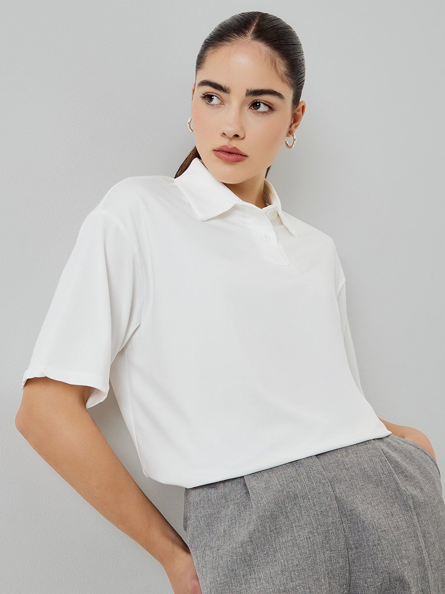 White Short Sleeve Knitted Polo T-Shirt