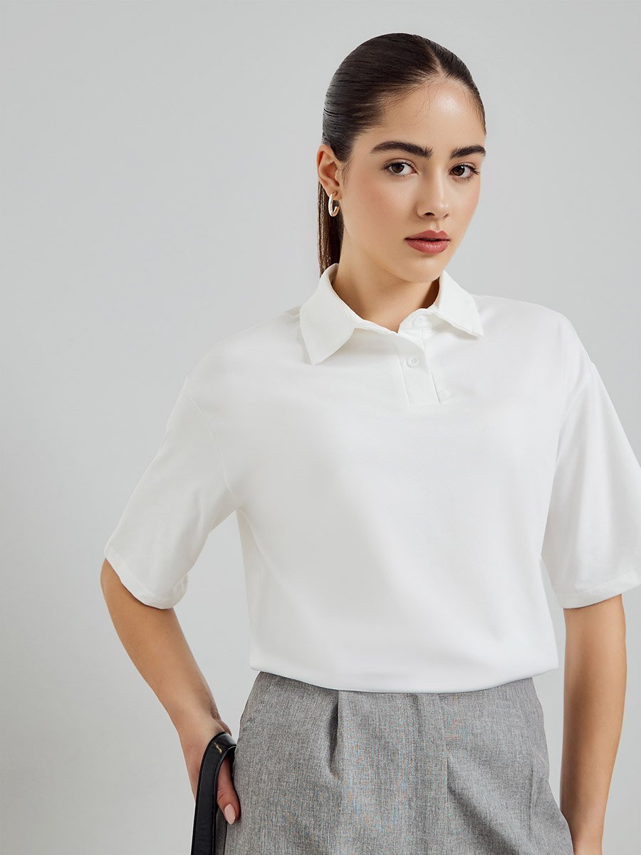 White Short Sleeve Knitted Polo T-Shirt