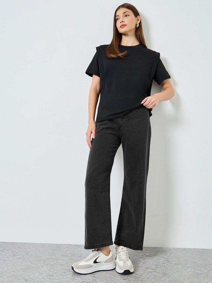 Black Oversized Shoulder Pad T-Shirt