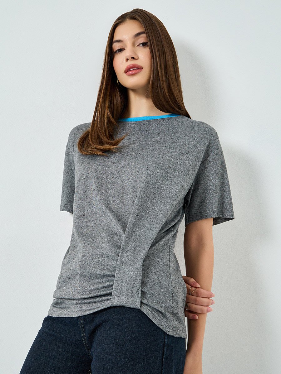 Grey Twisted Hem T-Shirt with Contrast Neckline