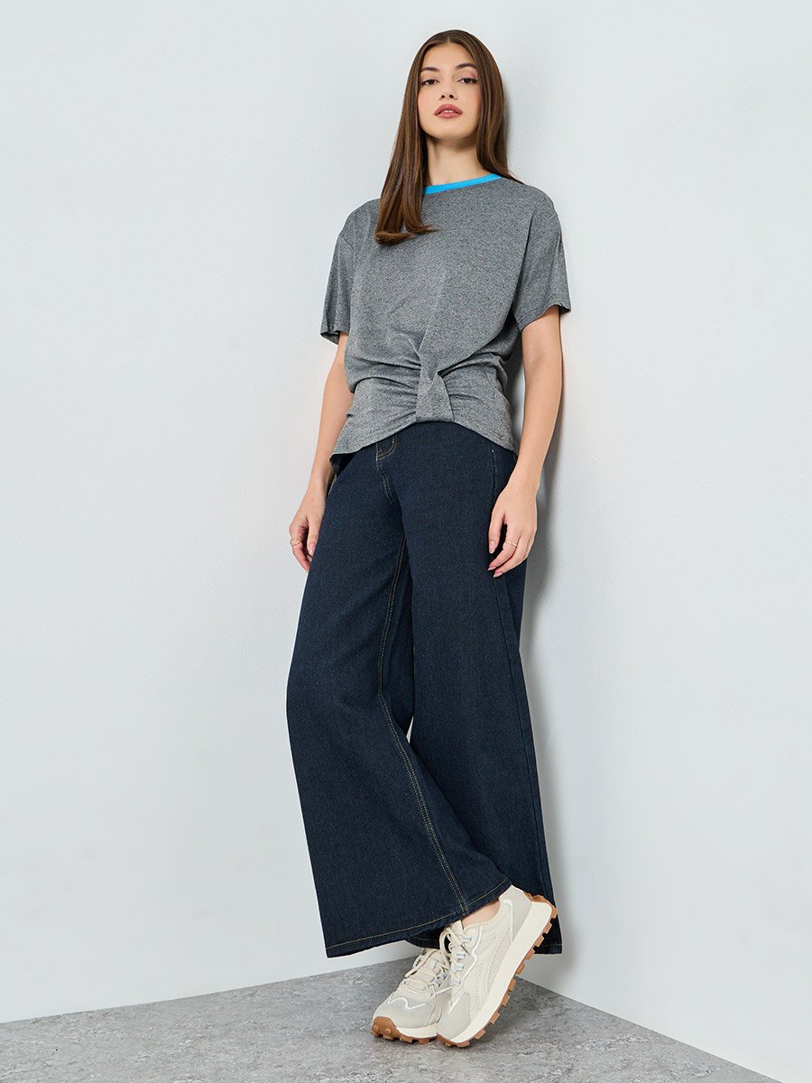 Grey Twisted Hem T-Shirt with Contrast Neckline