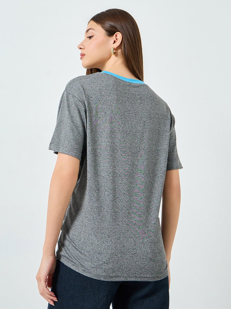 Grey Twisted Hem T-Shirt with Contrast Neckline