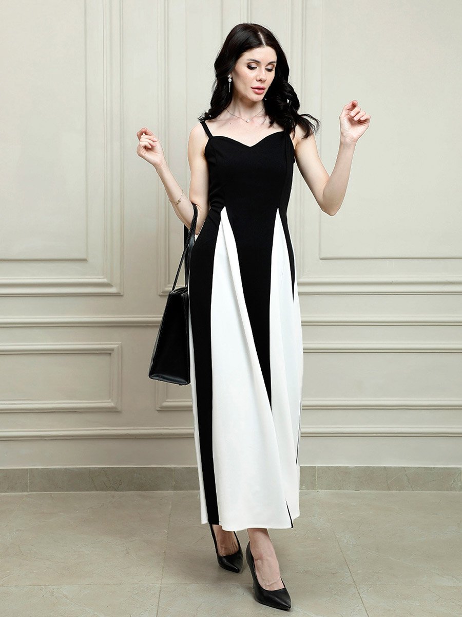 Color Block Strappy A-Line Maxi Dress