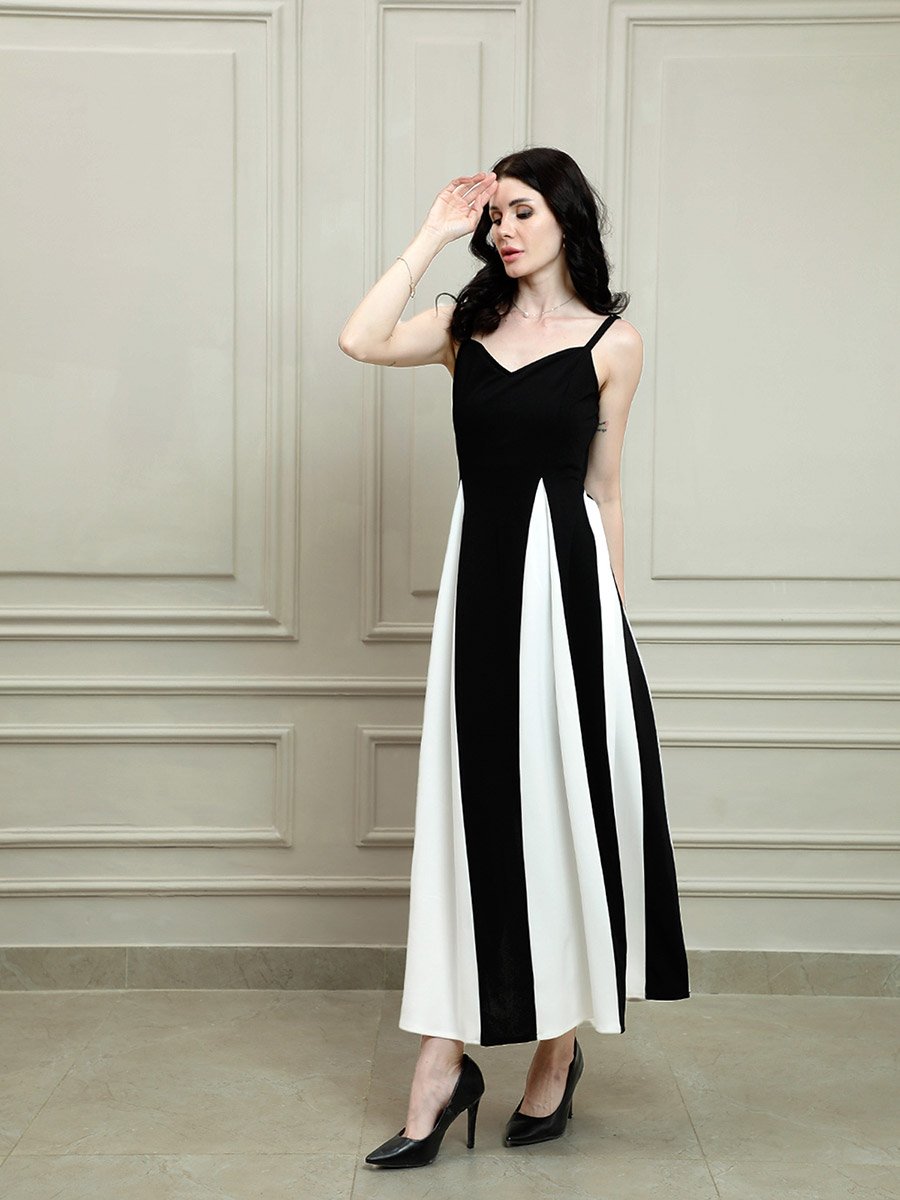 Color Block Strappy A-Line Maxi Dress