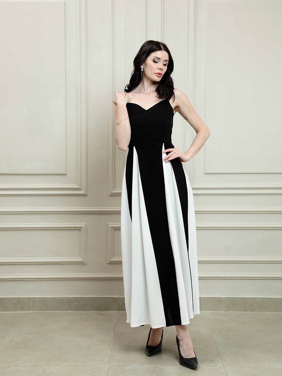 Color Block Strappy A-Line Maxi Dress