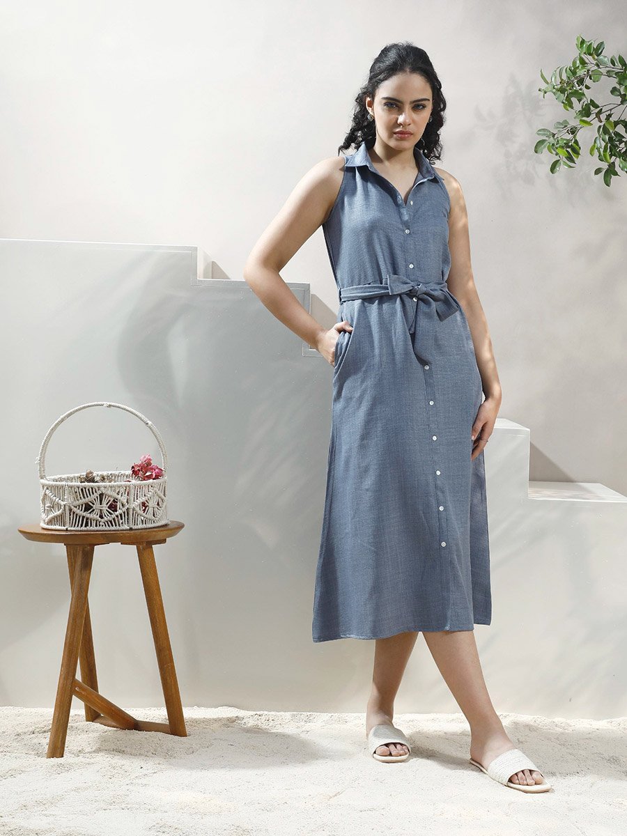 Blue Linen Sleeveless Midi Shirt Dress