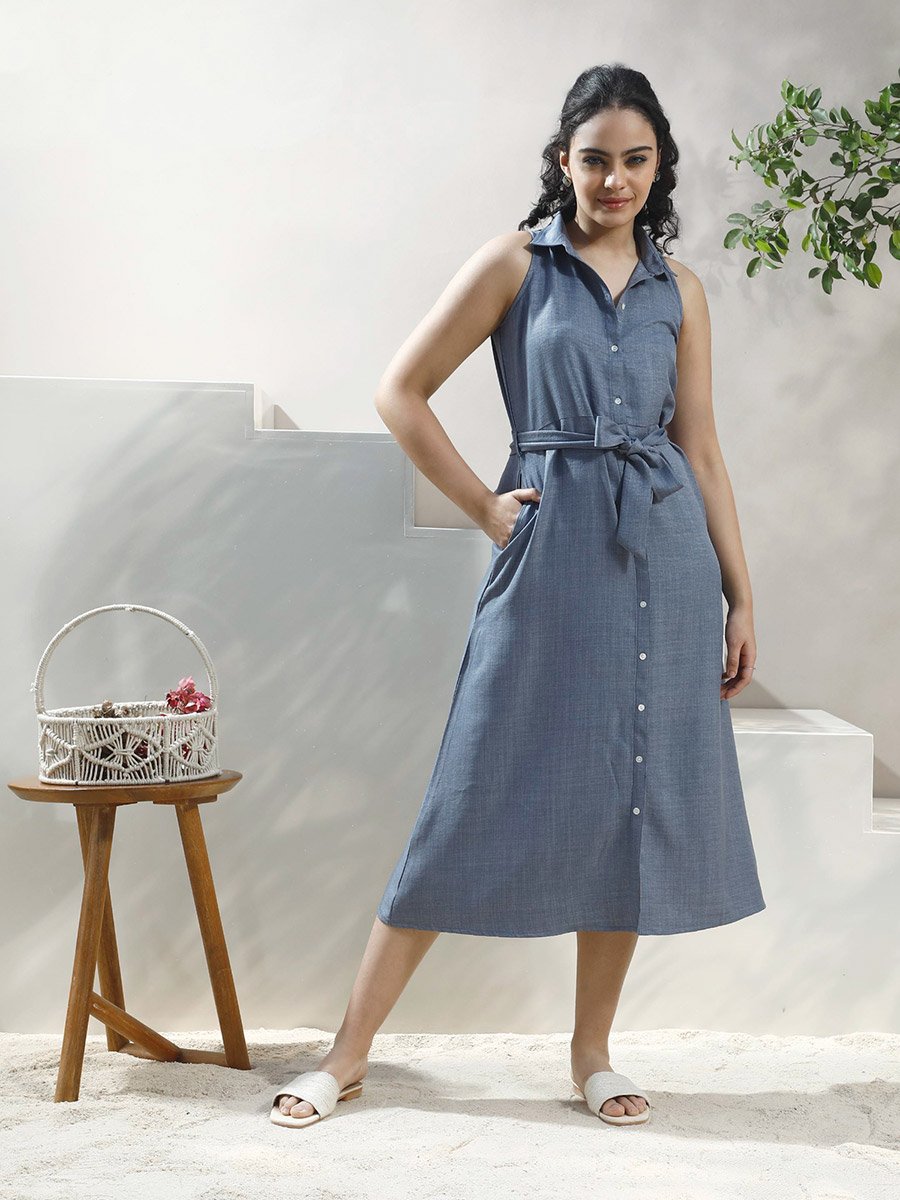 Blue Linen Sleeveless Midi Shirt Dress