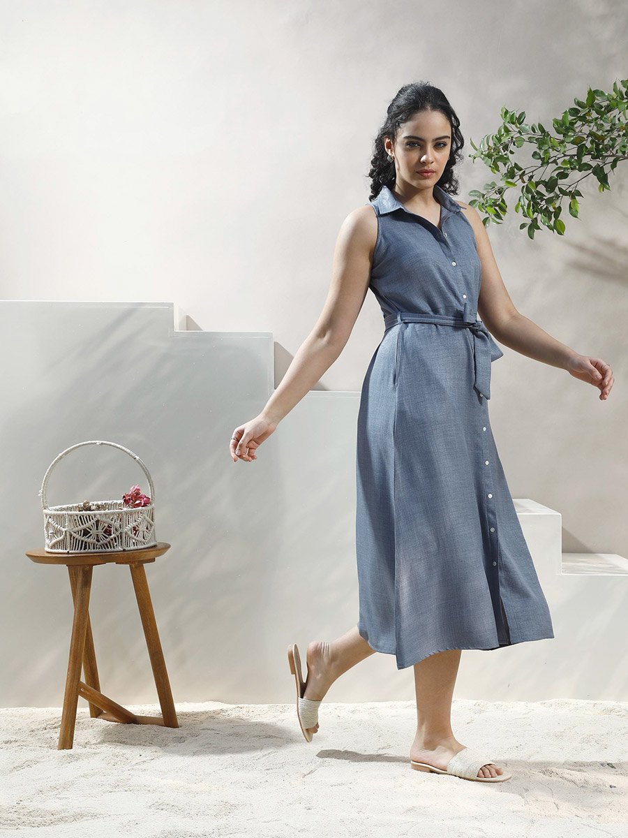 Blue Linen Sleeveless Midi Shirt Dress
