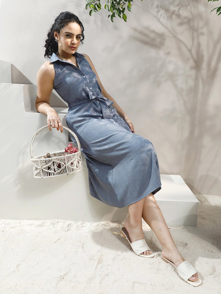 Blue Linen Sleeveless Midi Shirt Dress