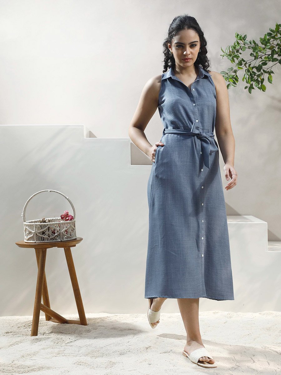 Blue Linen Sleeveless Midi Shirt Dress