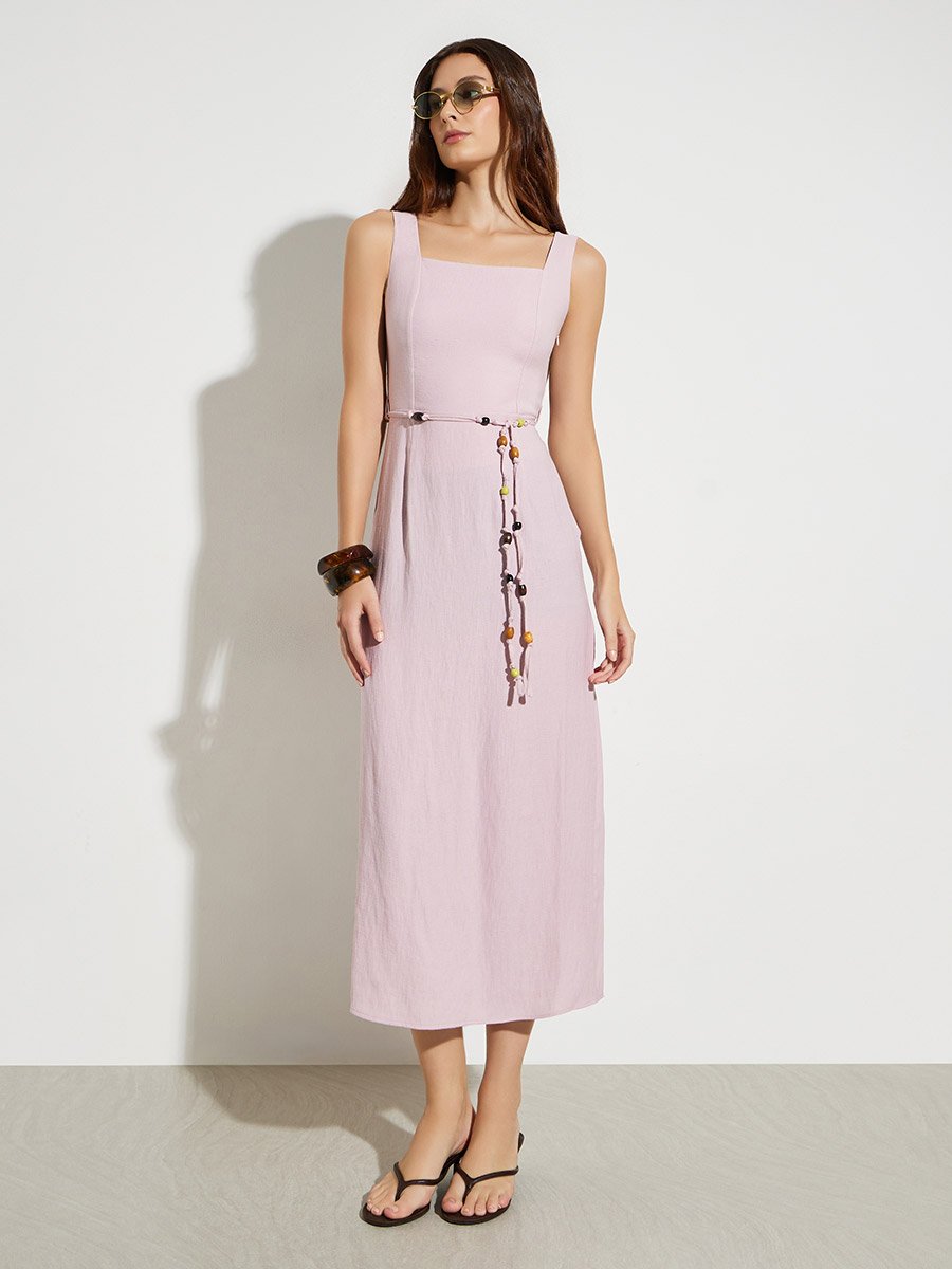 Pink Square Neck Midi Dress with Beaded Tie-Waist