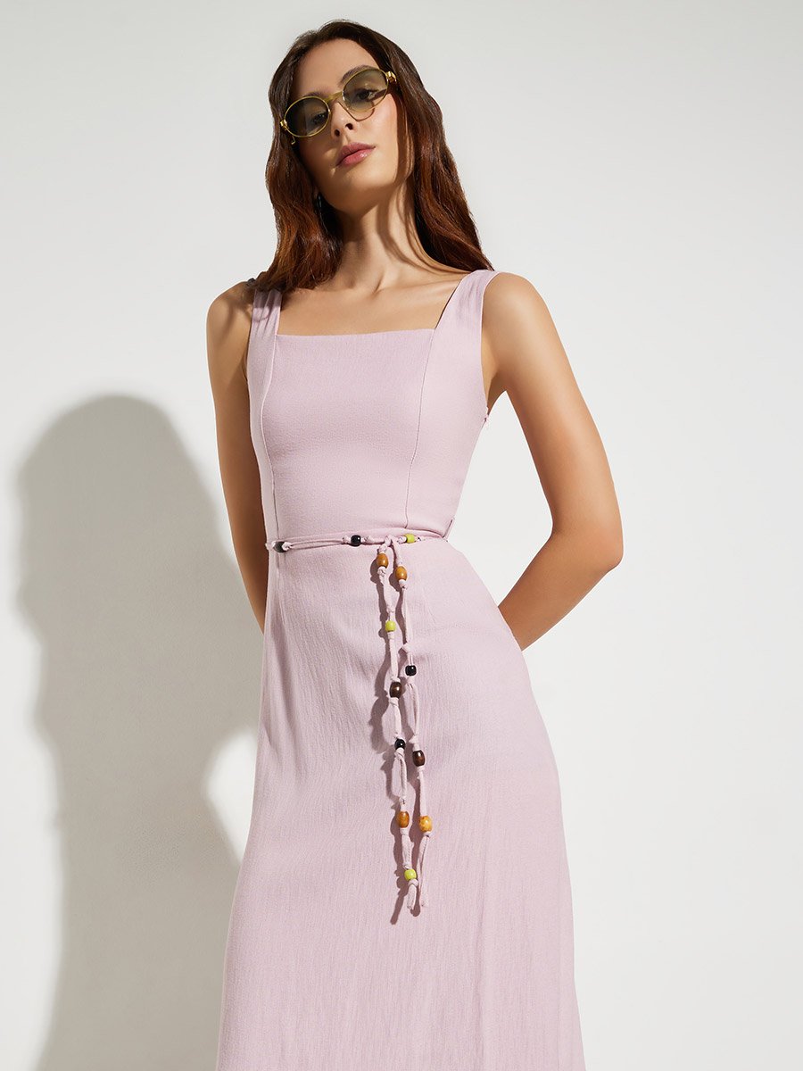 Pink Square Neck Midi Dress with Beaded Tie-Waist