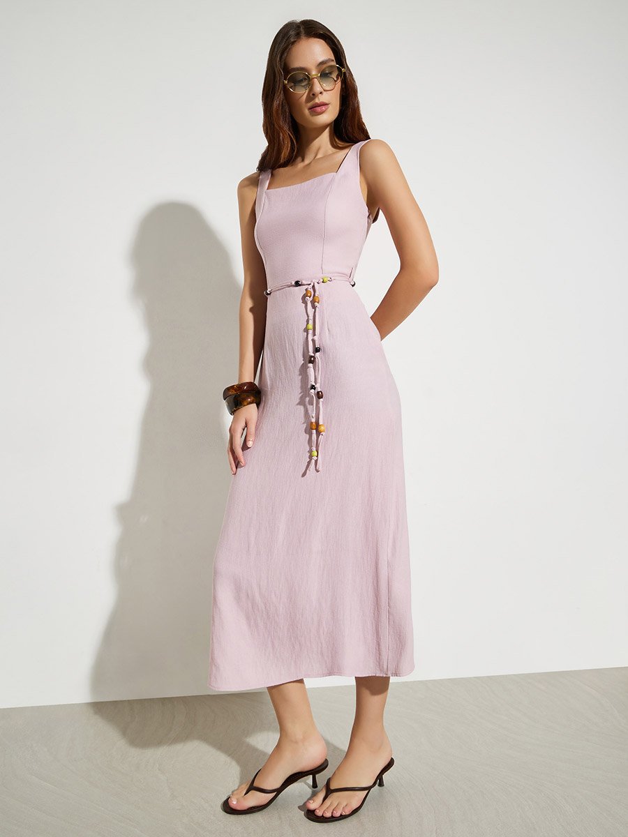 Pink Square Neck Midi Dress with Beaded Tie-Waist