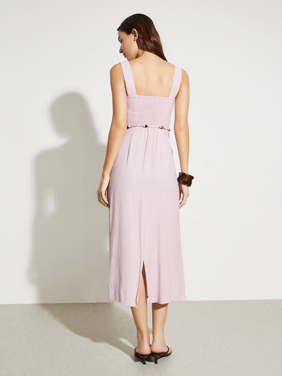 Pink Square Neck Midi Dress with Beaded Tie-Waist