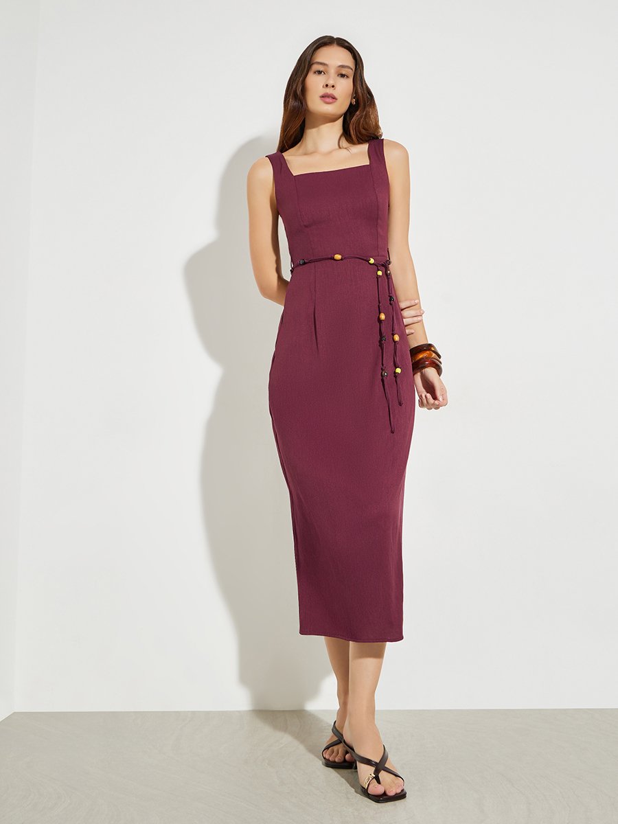 Maroon Square Neck Midi Dress with Beaded Tie-Waist