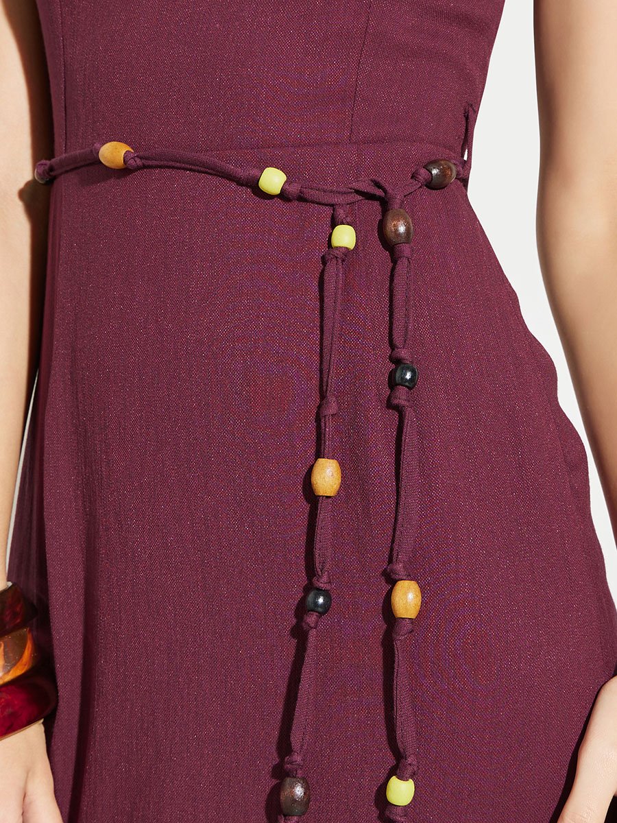 Maroon Square Neck Midi Dress with Beaded Tie-Waist