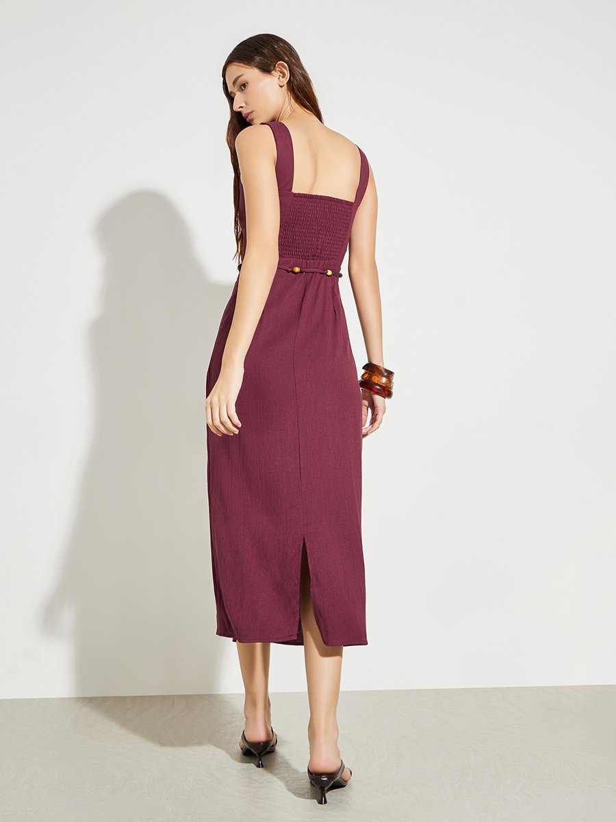 Maroon Square Neck Midi Dress with Beaded Tie-Waist