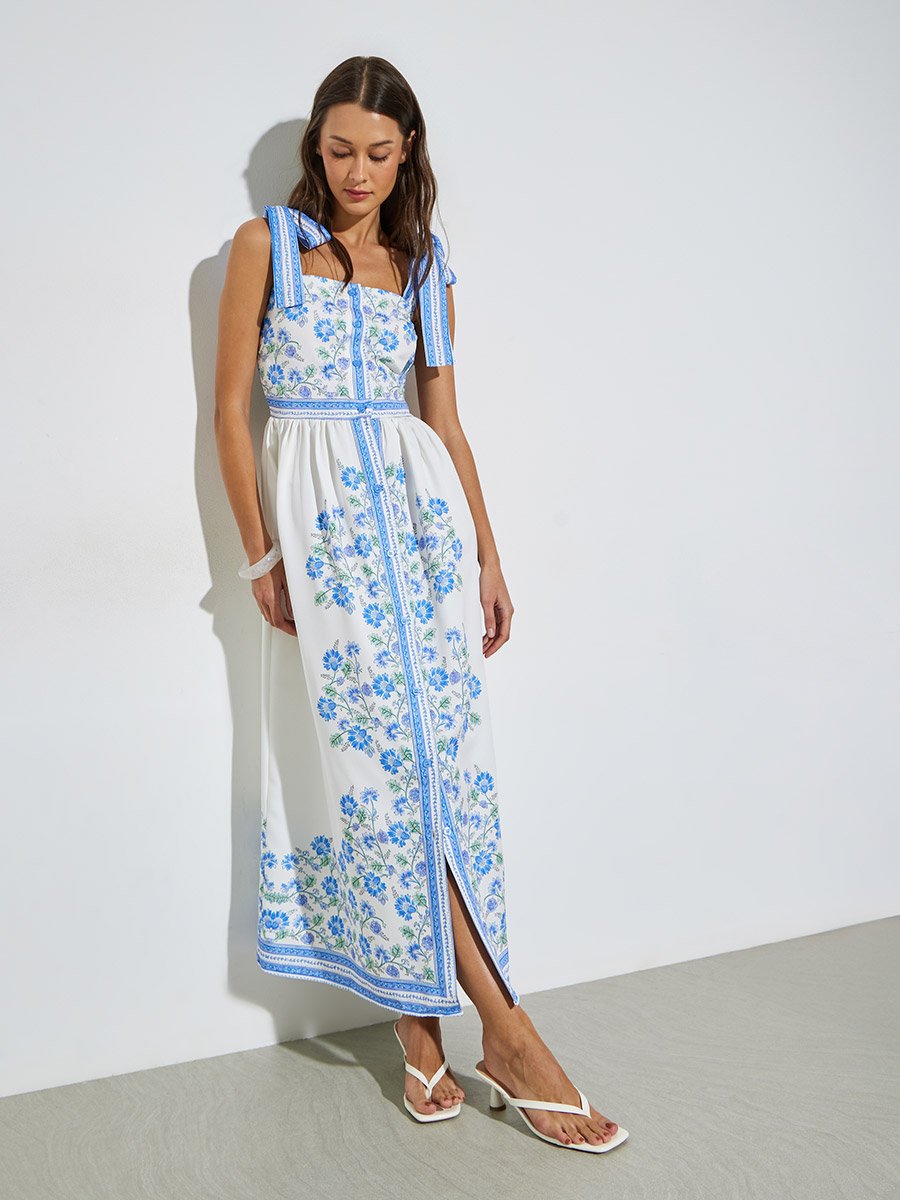 Blue Floral Print Tie-Strap Maxi Dress