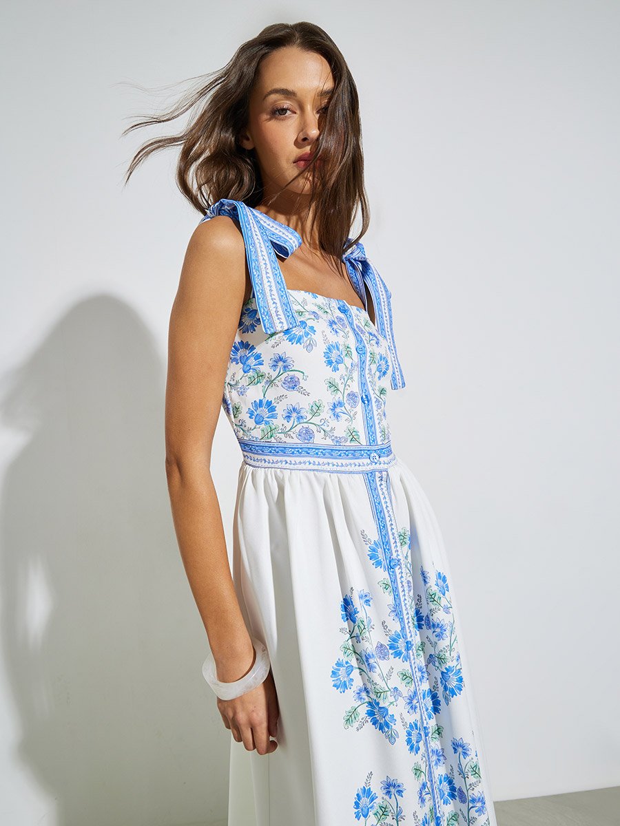 Blue Floral Print Tie-Strap Maxi Dress