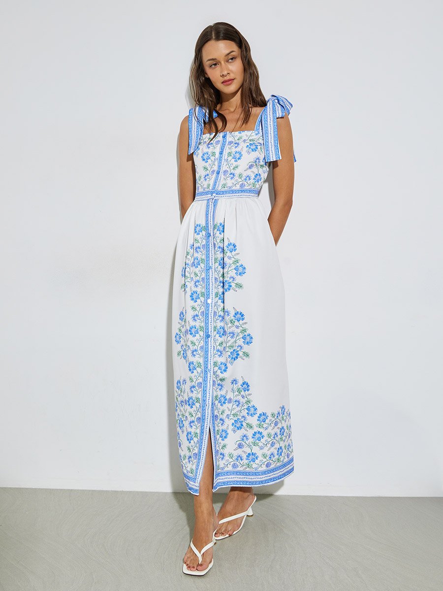 Blue Floral Print Tie-Strap Maxi Dress