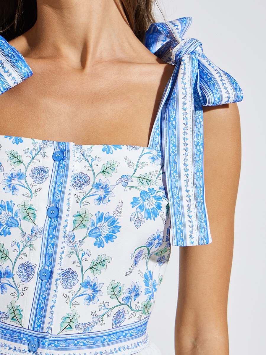 Blue Floral Print Tie-Strap Maxi Dress